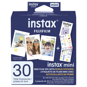 Instax Mini Instant Film - 3 Pack (30 Sheets) with Bonus Stickers